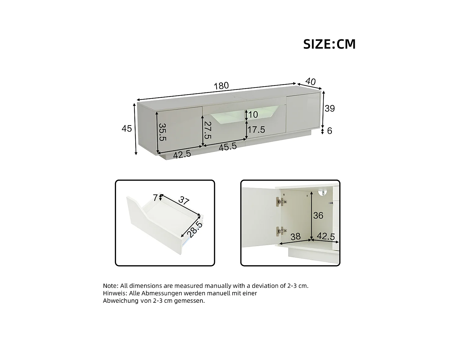 Mobiletto TV 180x40x45cm, 2 cassetti e 2 armadi, LED, per televisori fino a 75 pollici, bianco
