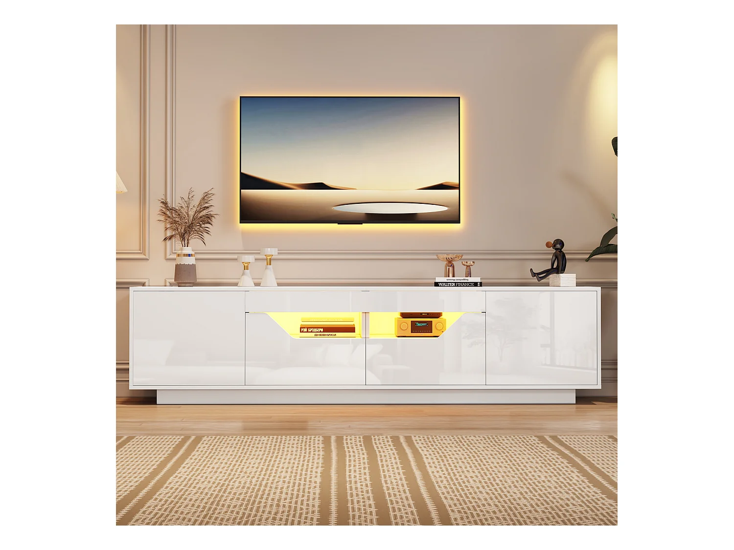 Mobiletto TV 180x40x45cm, 2 cassetti e 2 armadi, LED, per televisori fino a 75 pollici, bianco