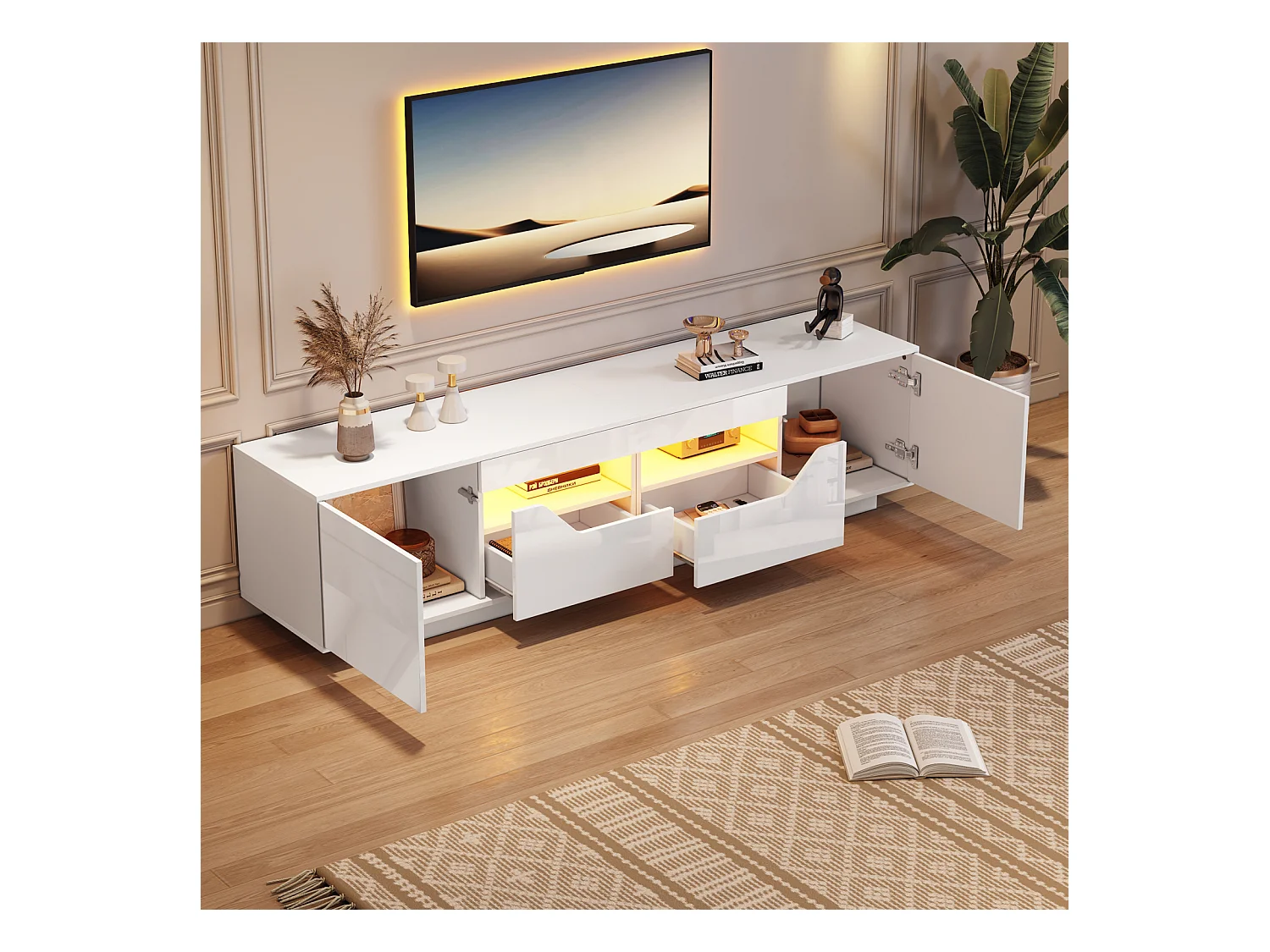 Mobiletto TV 180x40x45cm, 2 cassetti e 2 armadi, LED, per televisori fino a 75 pollici, bianco