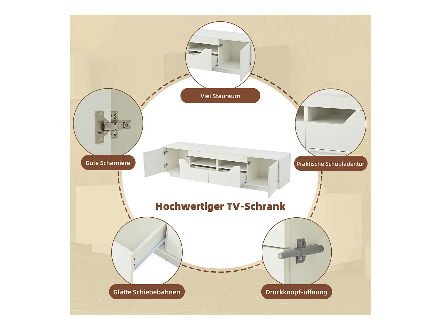 Mobiletto TV 180x40x45cm, 2 cassetti e 2 armadi, LED, per televisori fino a 75 pollici, bianco