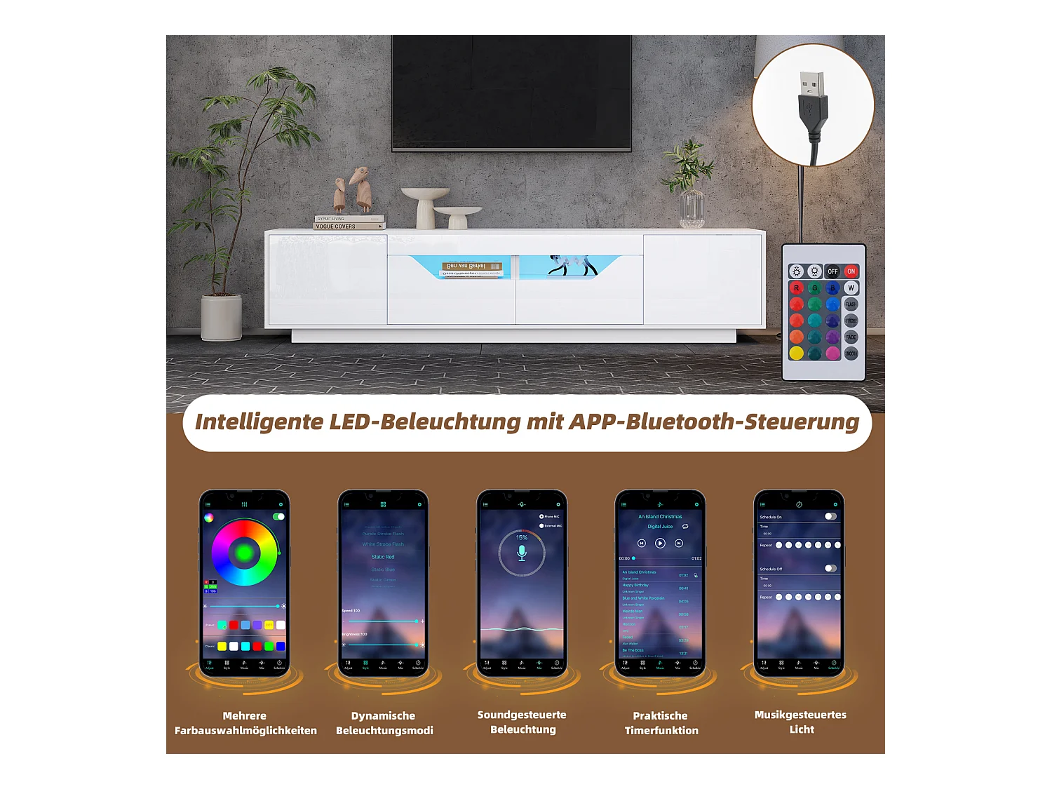 Mobiletto TV 180x40x45cm, 2 cassetti e 2 armadi, LED, per televisori fino a 75 pollici, bianco