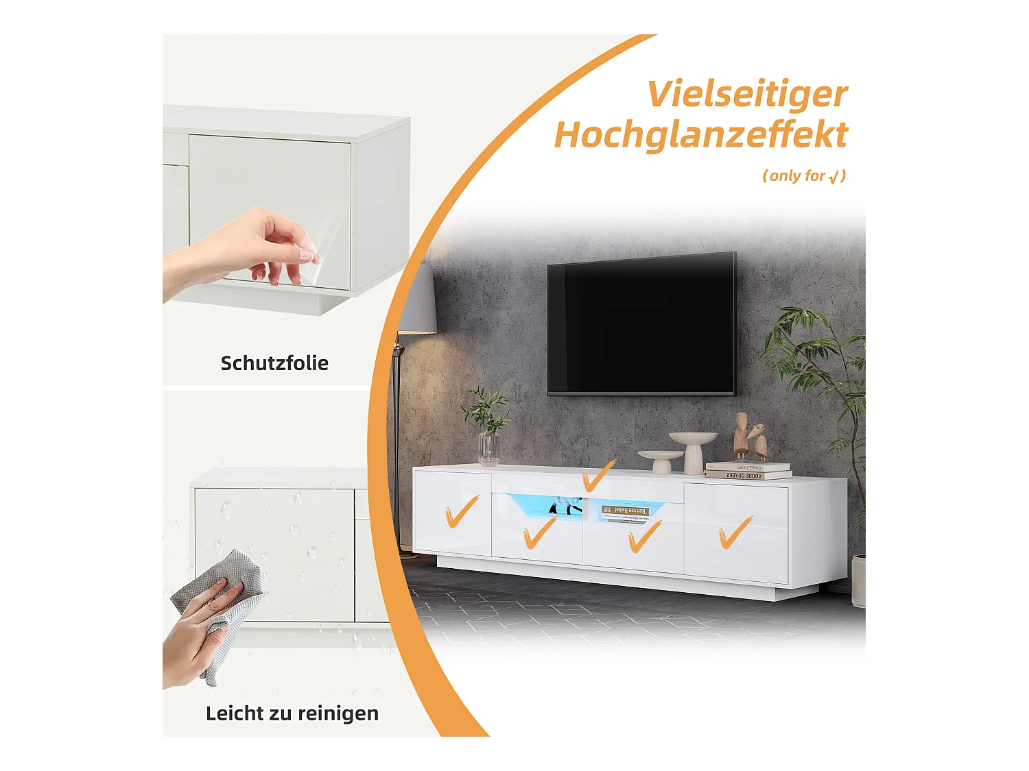 Mobiletto TV 180x40x45cm, 2 cassetti e 2 armadi, LED, per televisori fino a 75 pollici, bianco