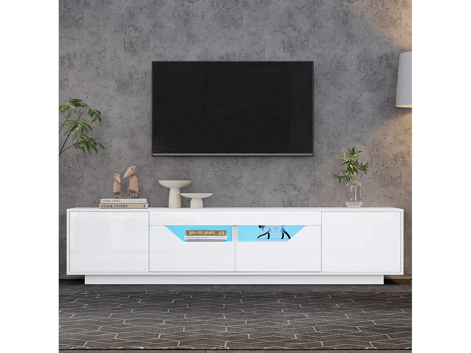 Meuble TV 180x40x45cm, 2 tiroirs et 2 caissons, LED, jusqu'à 75 pouces, blanc