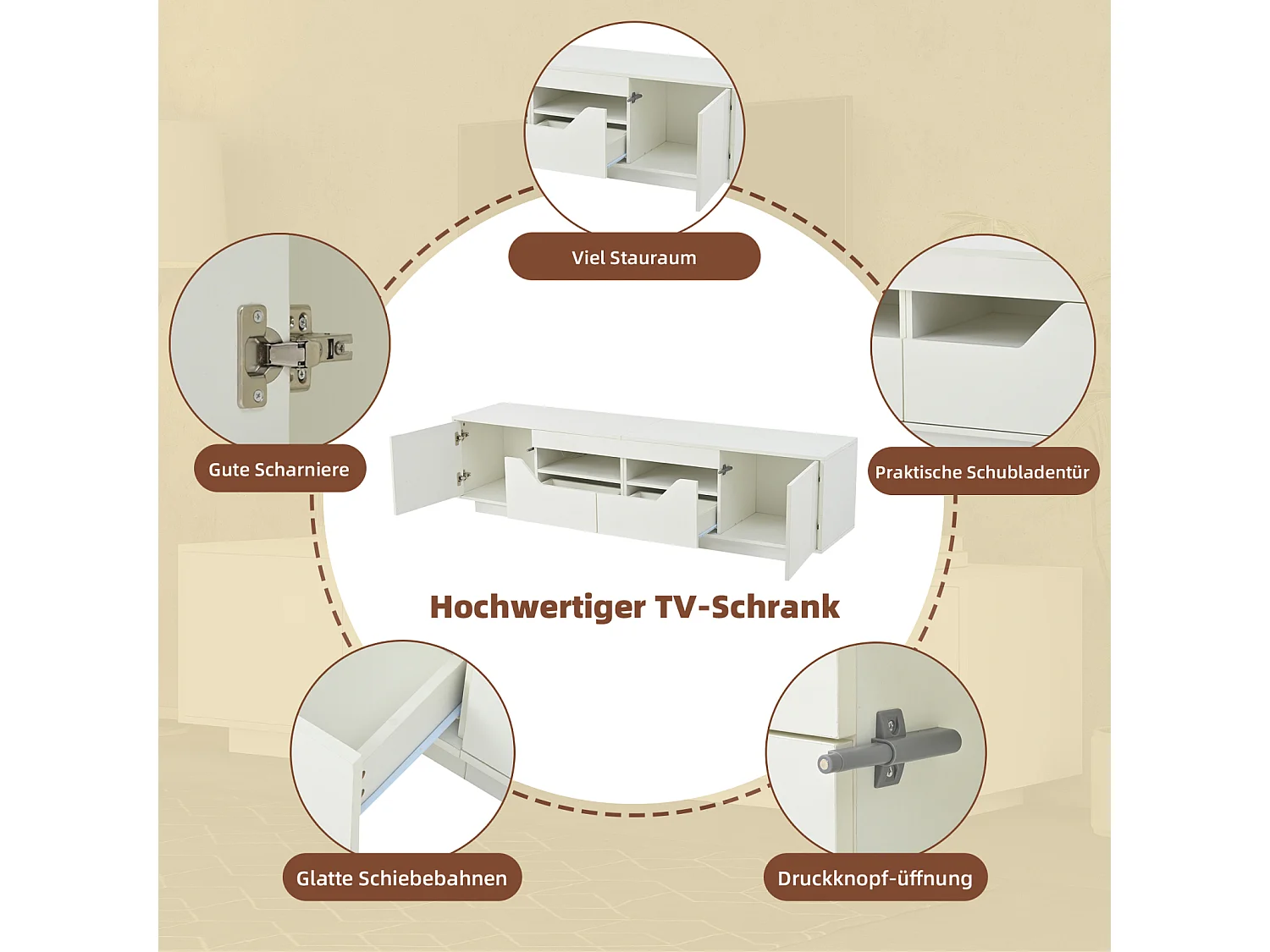 Meuble TV 180x40x45cm, 2 tiroirs et 2 caissons, LED, jusqu'à 75 pouces, blanc