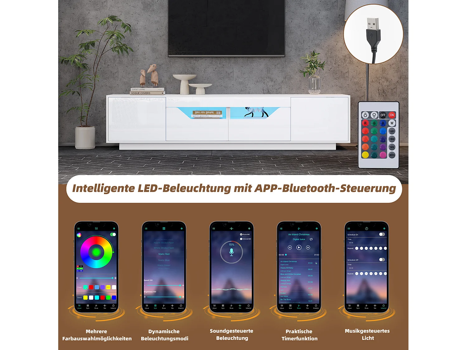 Meuble TV 180x40x45cm, 2 tiroirs et 2 caissons, LED, jusqu'à 75 pouces, blanc