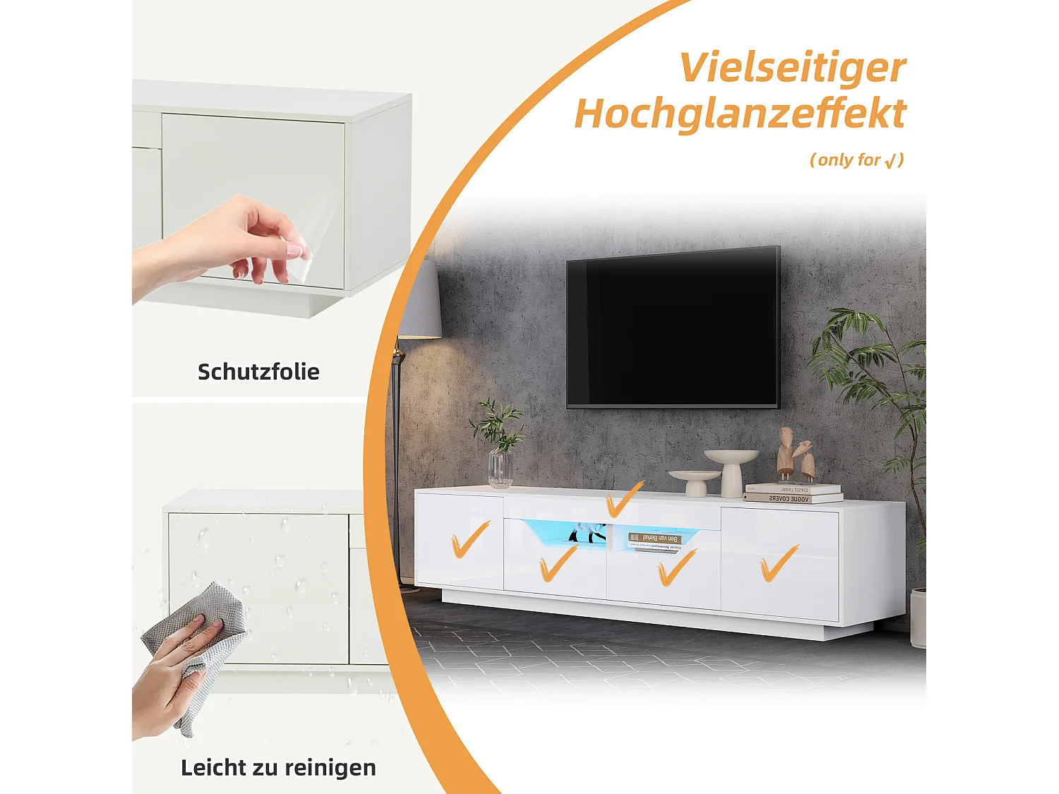 Meuble TV 180x40x45cm, 2 tiroirs et 2 caissons, LED, jusqu'à 75 pouces, blanc