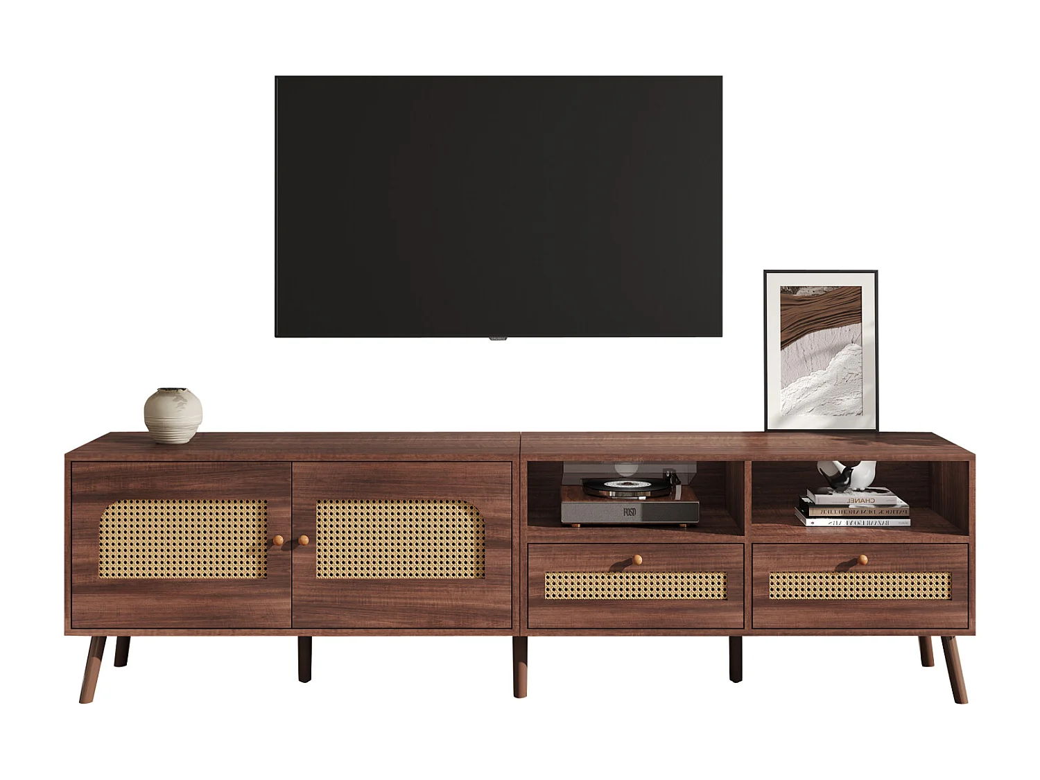 Meuble TV 200x37x49,5cm, 2 portes et 2 tiroirs en rotin, jusqu'à 80 pouces, marron