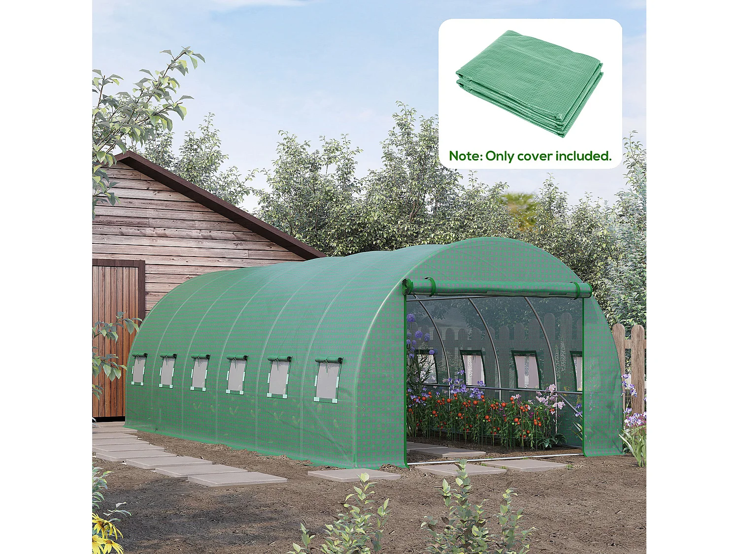 Telo per serra in pe con 12 finestre e bordi interrati verde