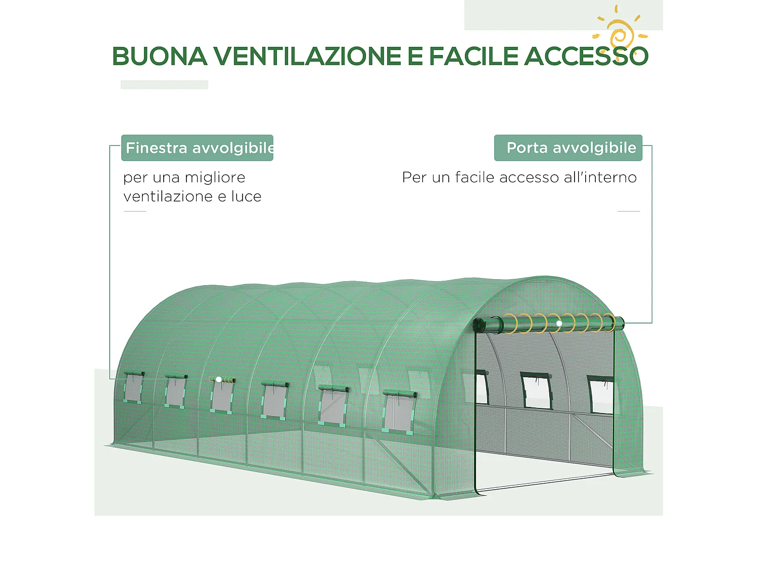 Telo per serra in pe con 12 finestre e bordi interrati verde