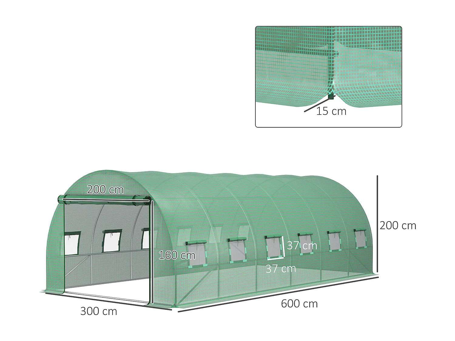 Telo per serra in pe con 12 finestre e bordi interrati verde