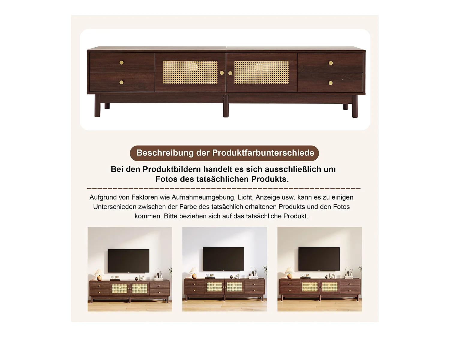 Meuble TV 180cm, aspect bois foncé, 2 portes en rotin, 4 tiroirs, jusqu'à 80 pouces