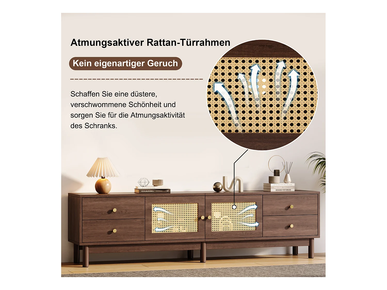 Meuble TV 180cm, aspect bois foncé, 2 portes en rotin, 4 tiroirs, jusqu'à 80 pouces