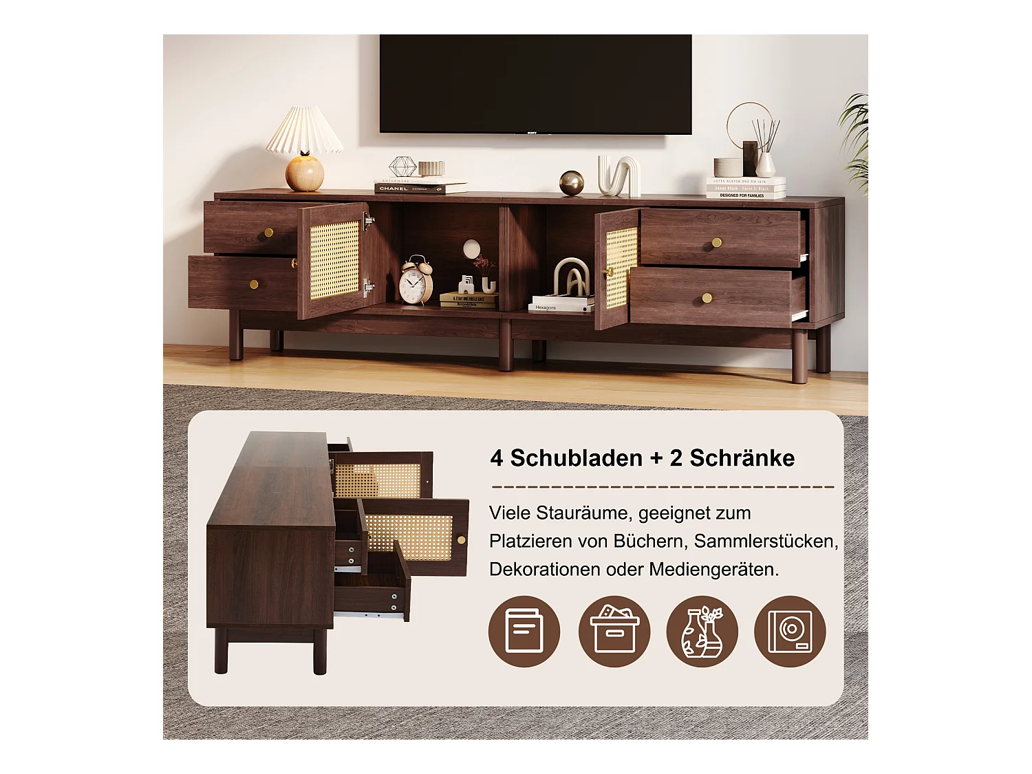 Meuble TV 180cm, aspect bois foncé, 2 portes en rotin, 4 tiroirs, jusqu'à 80 pouces