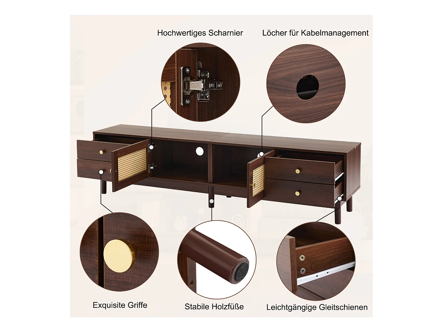 Meuble TV 180cm, aspect bois foncé, 2 portes en rotin, 4 tiroirs, jusqu'à 80 pouces