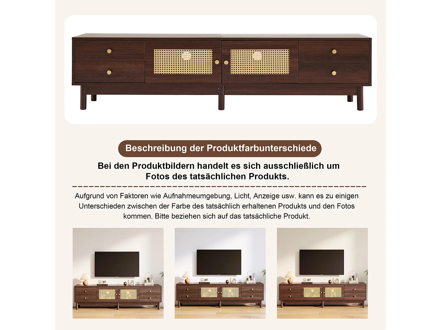 Meuble TV 180cm, aspect bois foncé, 2 portes en rotin, 4 tiroirs, jusqu'à 80 pouces