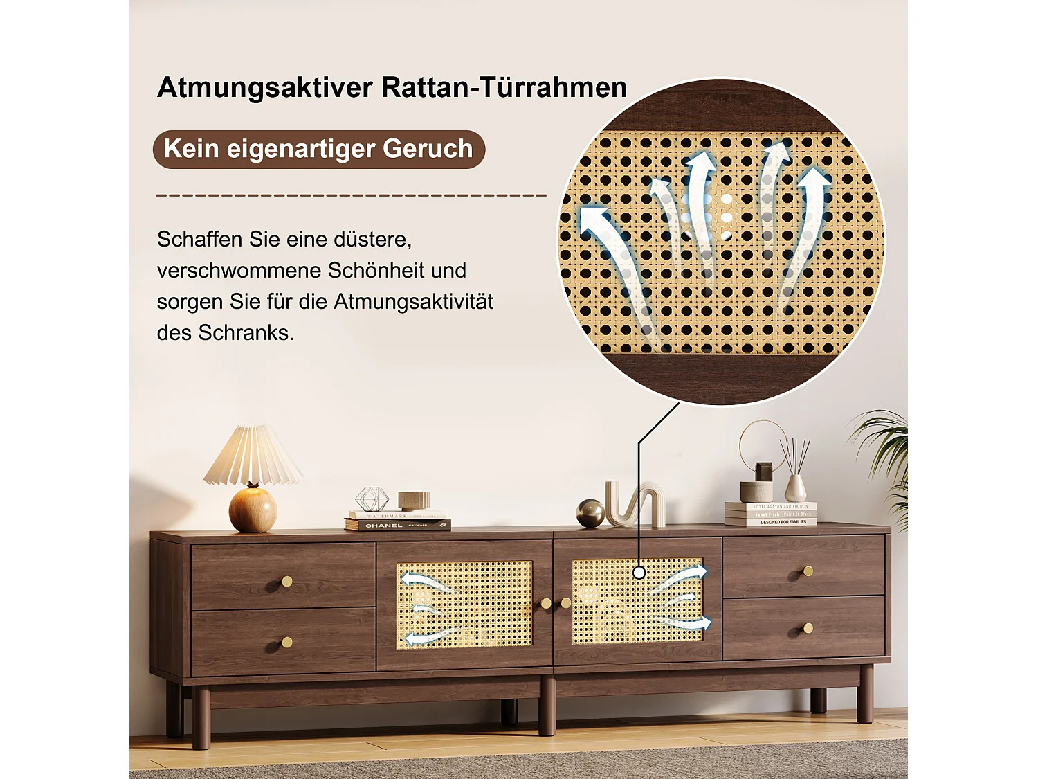 Meuble TV 180cm, aspect bois foncé, 2 portes en rotin, 4 tiroirs, jusqu'à 80 pouces