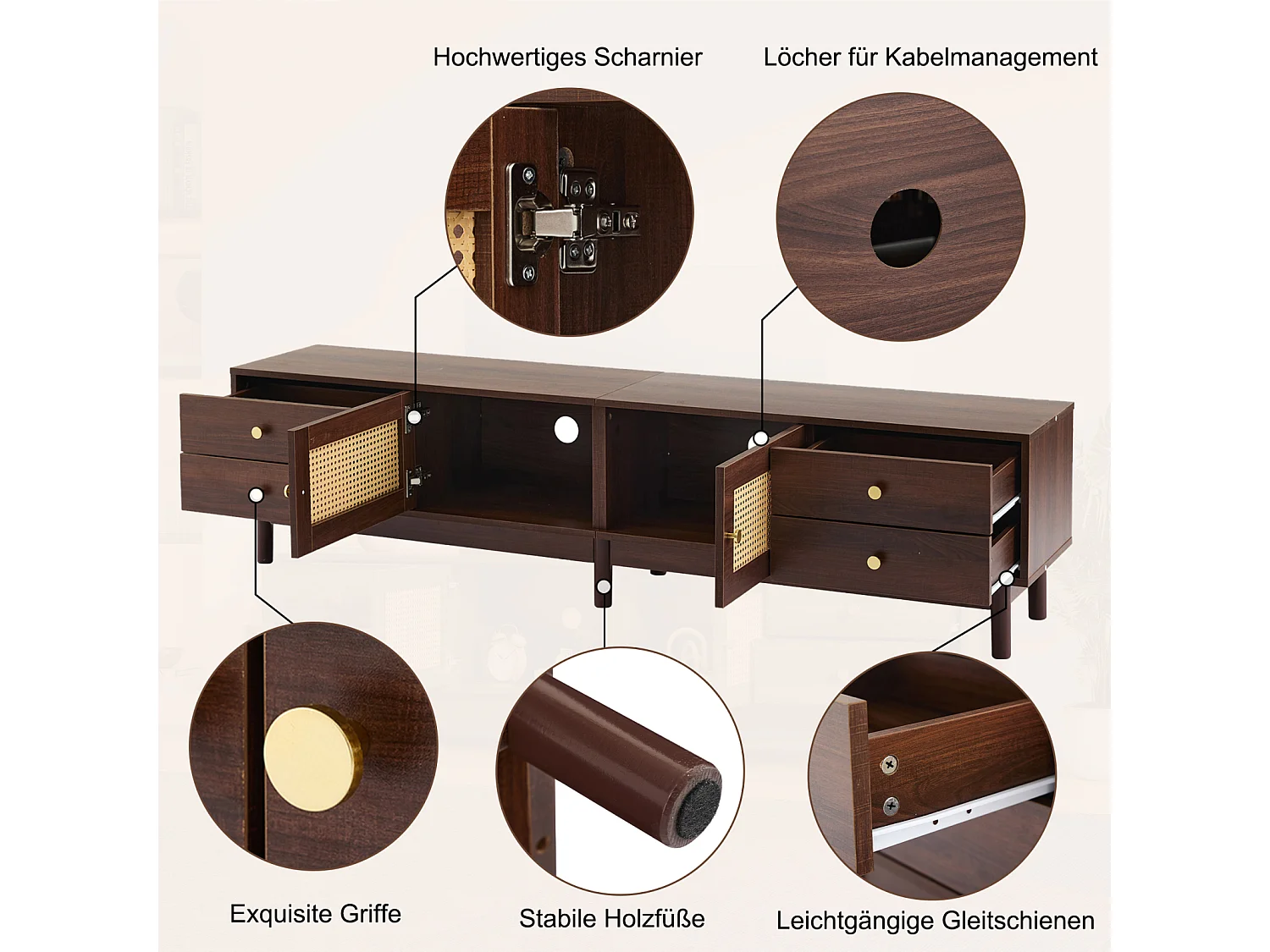 Meuble TV 180cm, aspect bois foncé, 2 portes en rotin, 4 tiroirs, jusqu'à 80 pouces