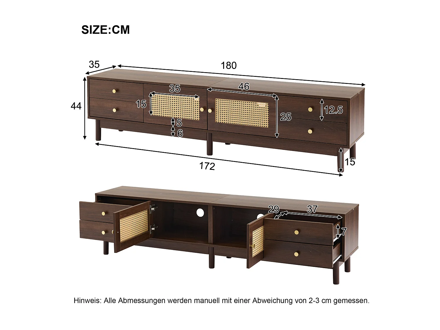 Mueble de TV de 180 cm, aspecto madera oscura, 2 puertas de ratán, 4 cajones, para hasta 80 pulgadas