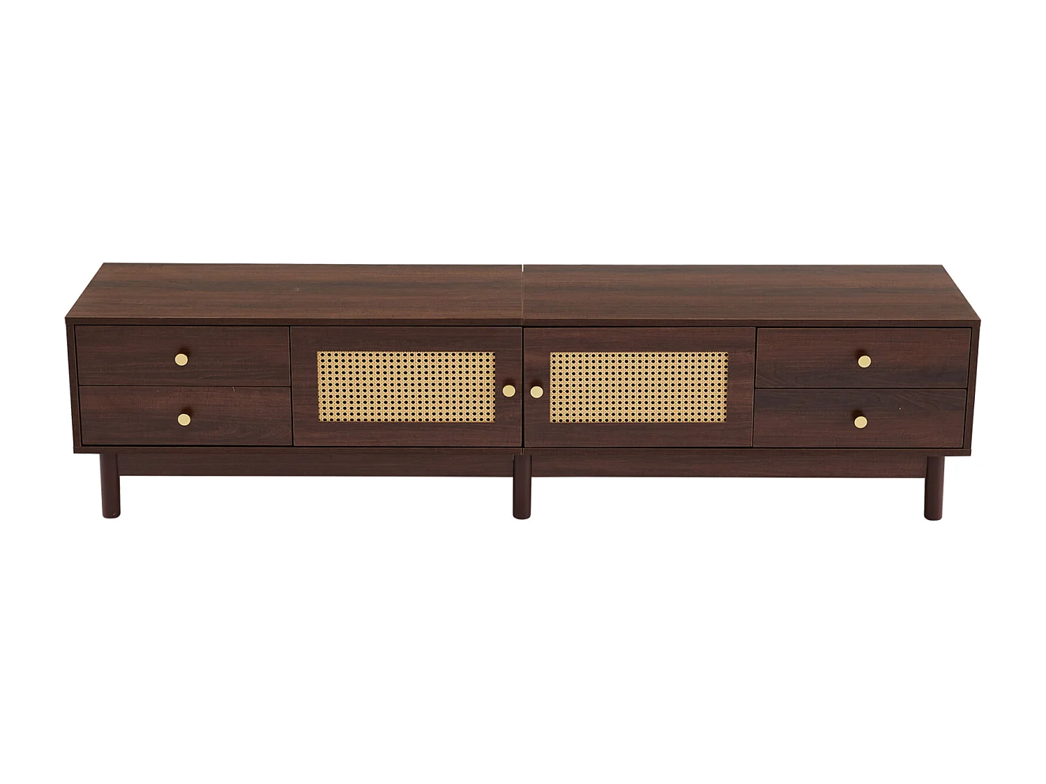 Mueble de TV de 180 cm, aspecto madera oscura, 2 puertas de ratán, 4 cajones, para hasta 80 pulgadas