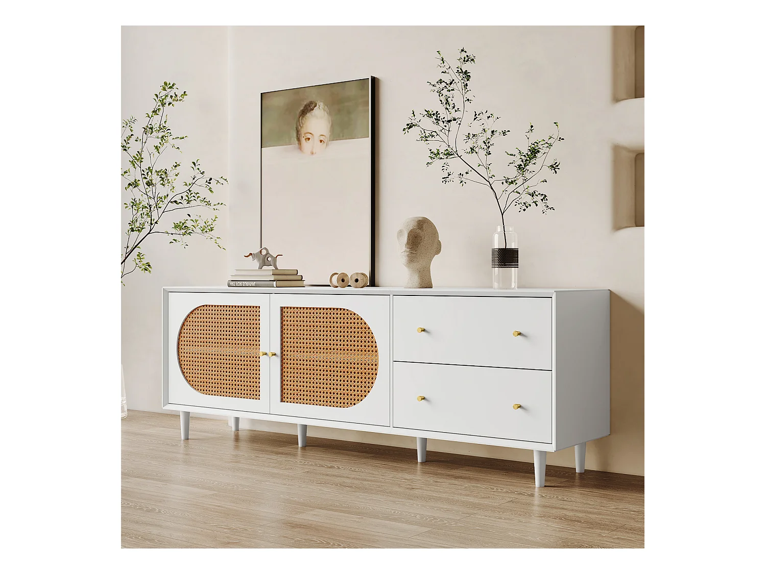 TV-kast wit, met echte houten poten, 2 laden, 2 rotanuren, stijlvol design