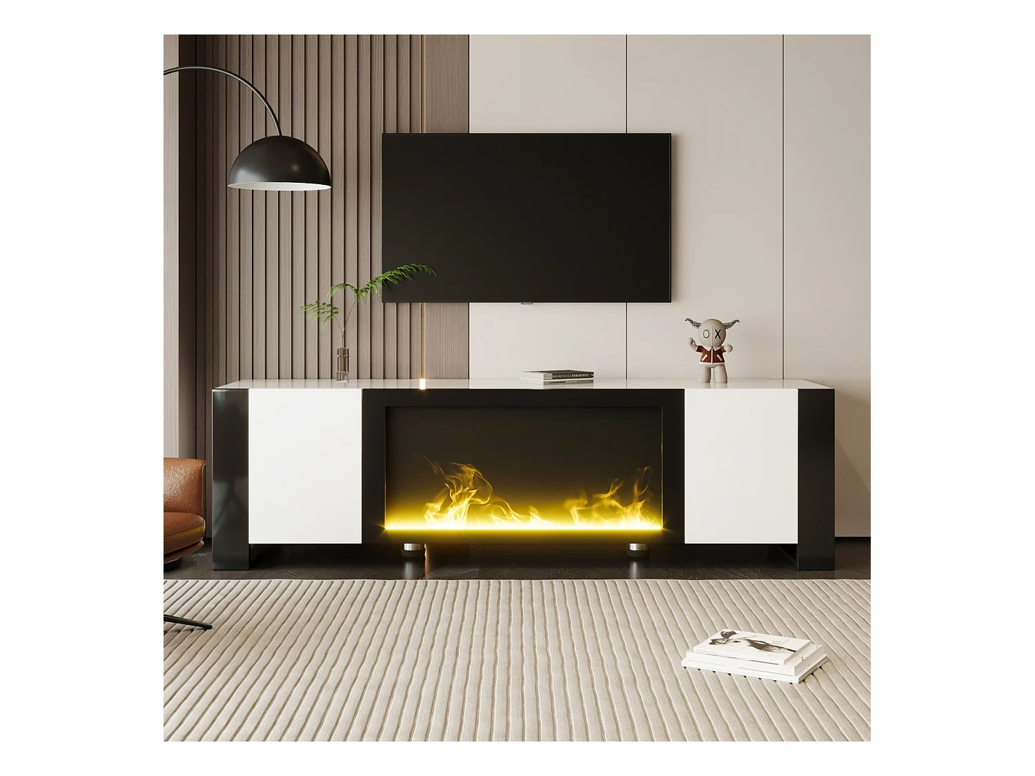 Mobiletto TV con caminetto elettrico (effetto fiamma), senza riscaldamento, Lucido