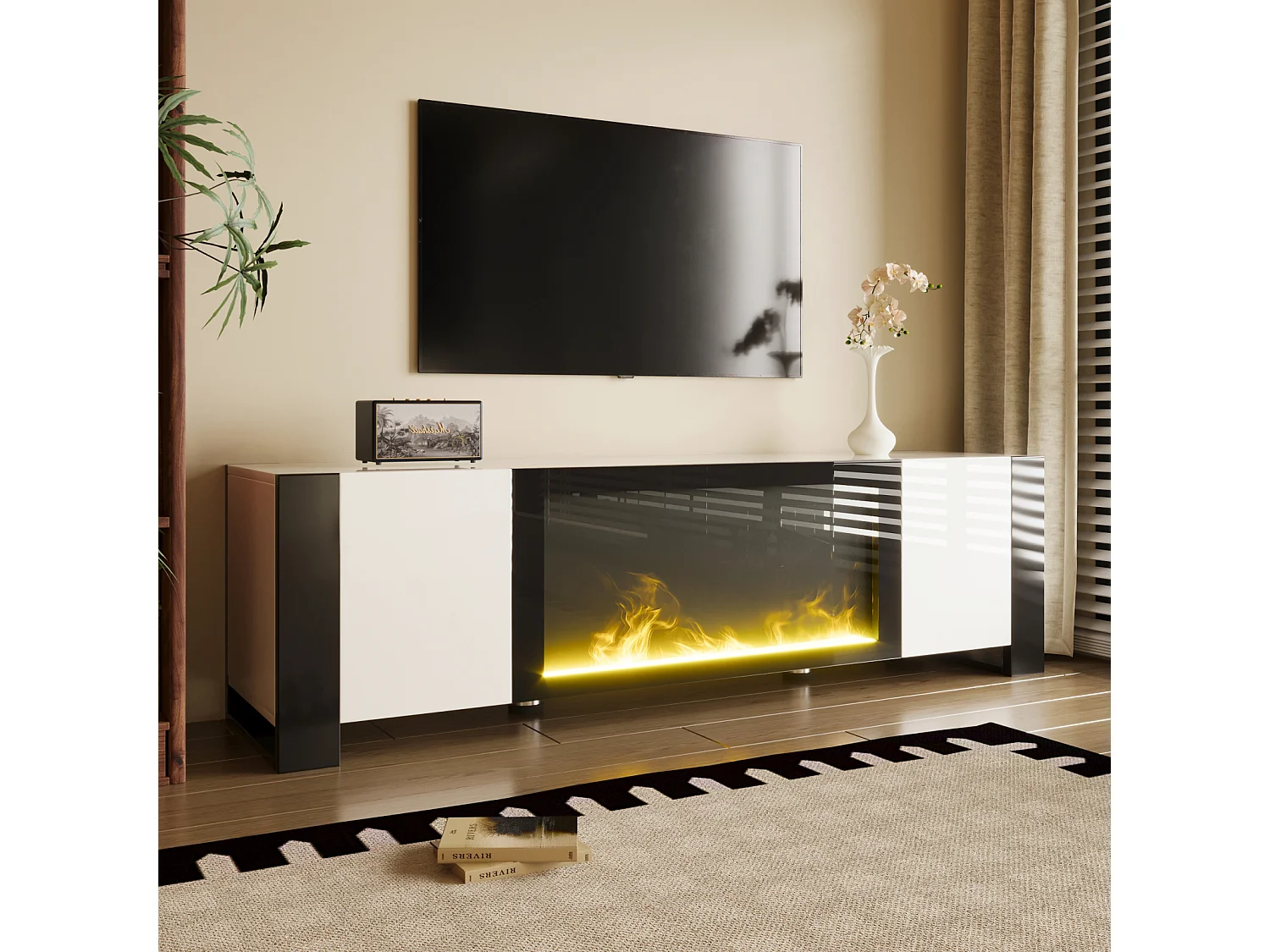 Meuble TV avec cheminée électrique (effet flamme), sans chauffage, haute brillance