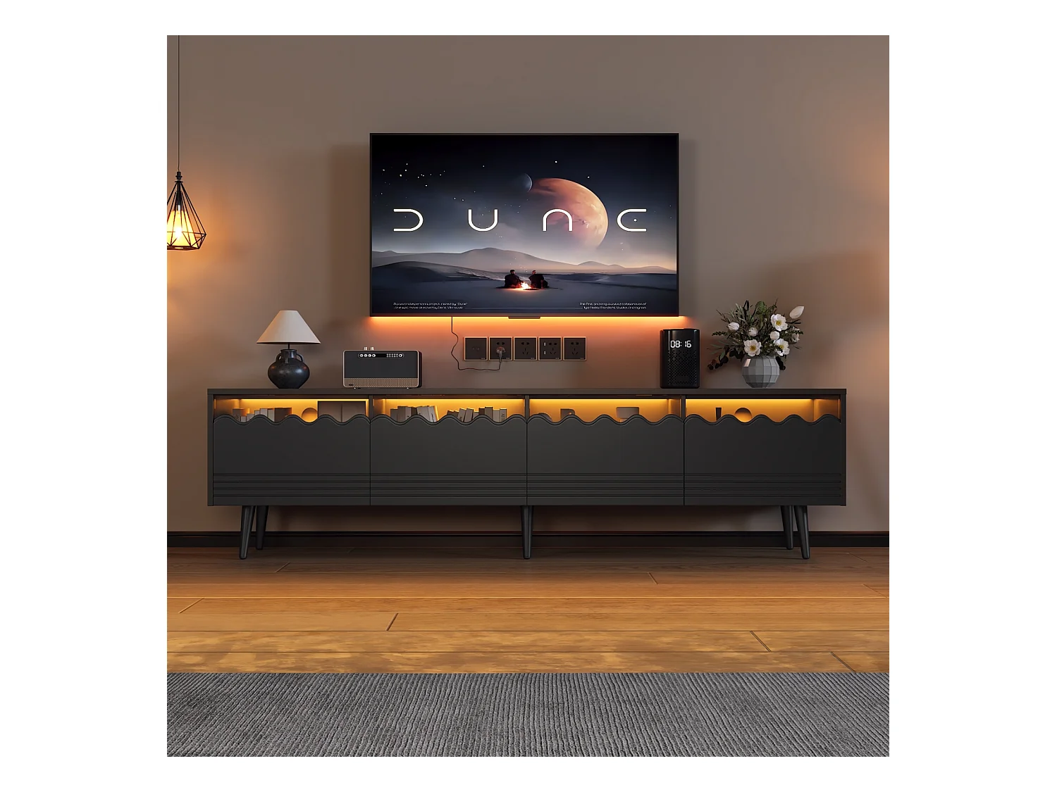 Meuble TV 176x38x45cm, 6 pieds, 2 tiroirs et 2 armoires, jusqu'à 75 pouces