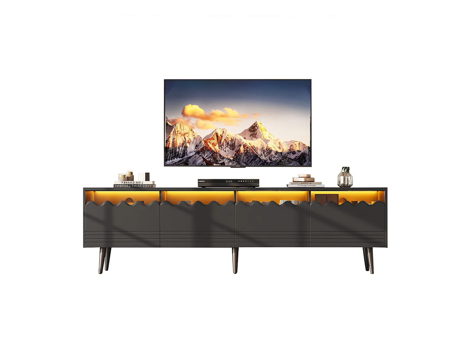 Meuble TV 176x38x45cm, 6 pieds, 2 tiroirs et 2 armoires, jusqu'à 75 pouces