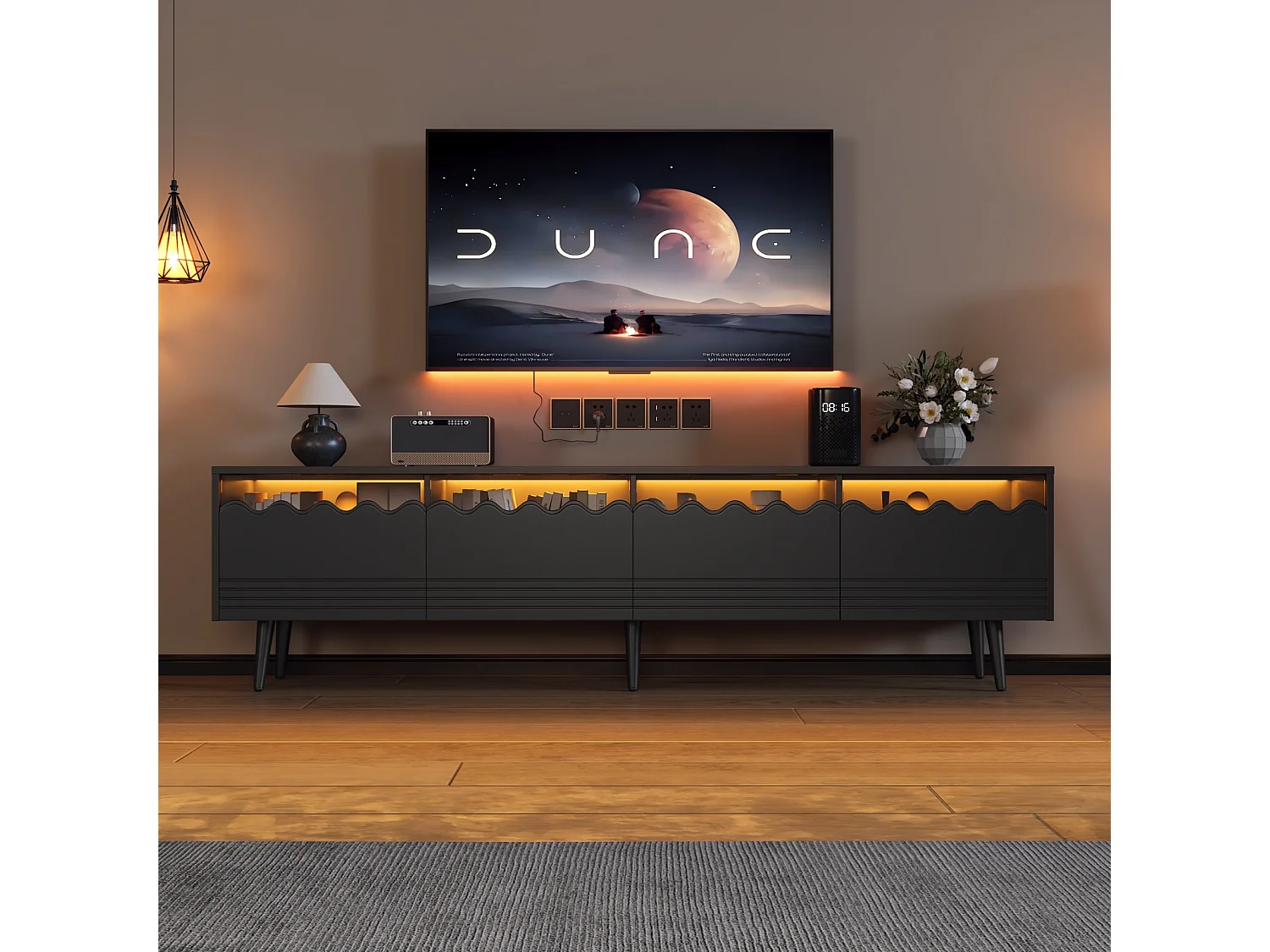 Meuble TV 176x38x45cm, 6 pieds, 2 tiroirs et 2 armoires, jusqu'à 75 pouces