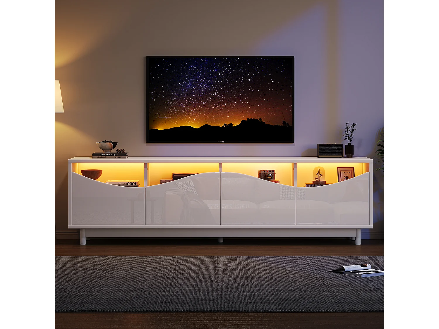 Meuble TV 175x38x51cm, courbé, blanc brillant, façade en verre, éclairage LED