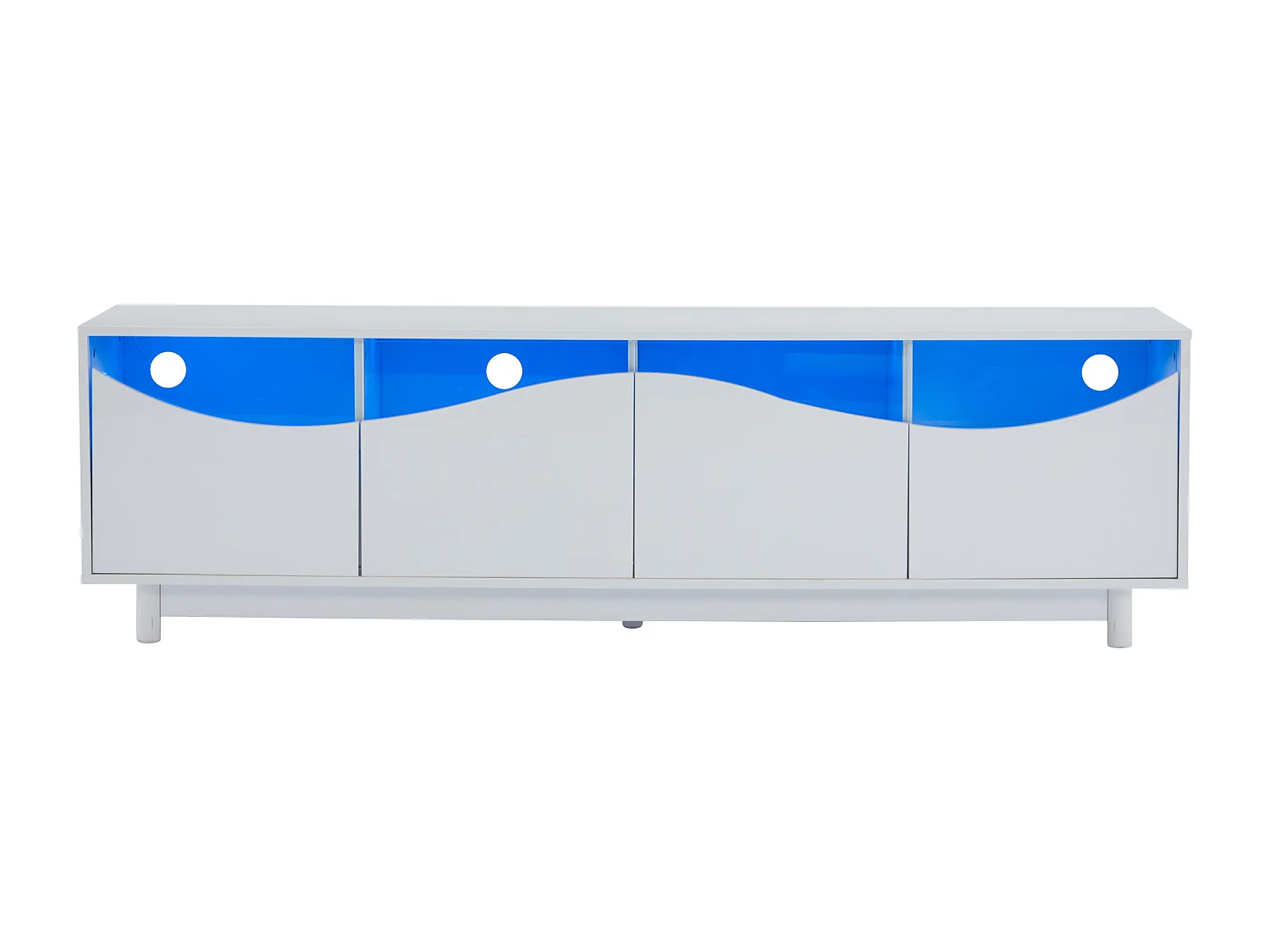 Meuble TV 175x38x51cm, courbé, blanc brillant, façade en verre, éclairage LED