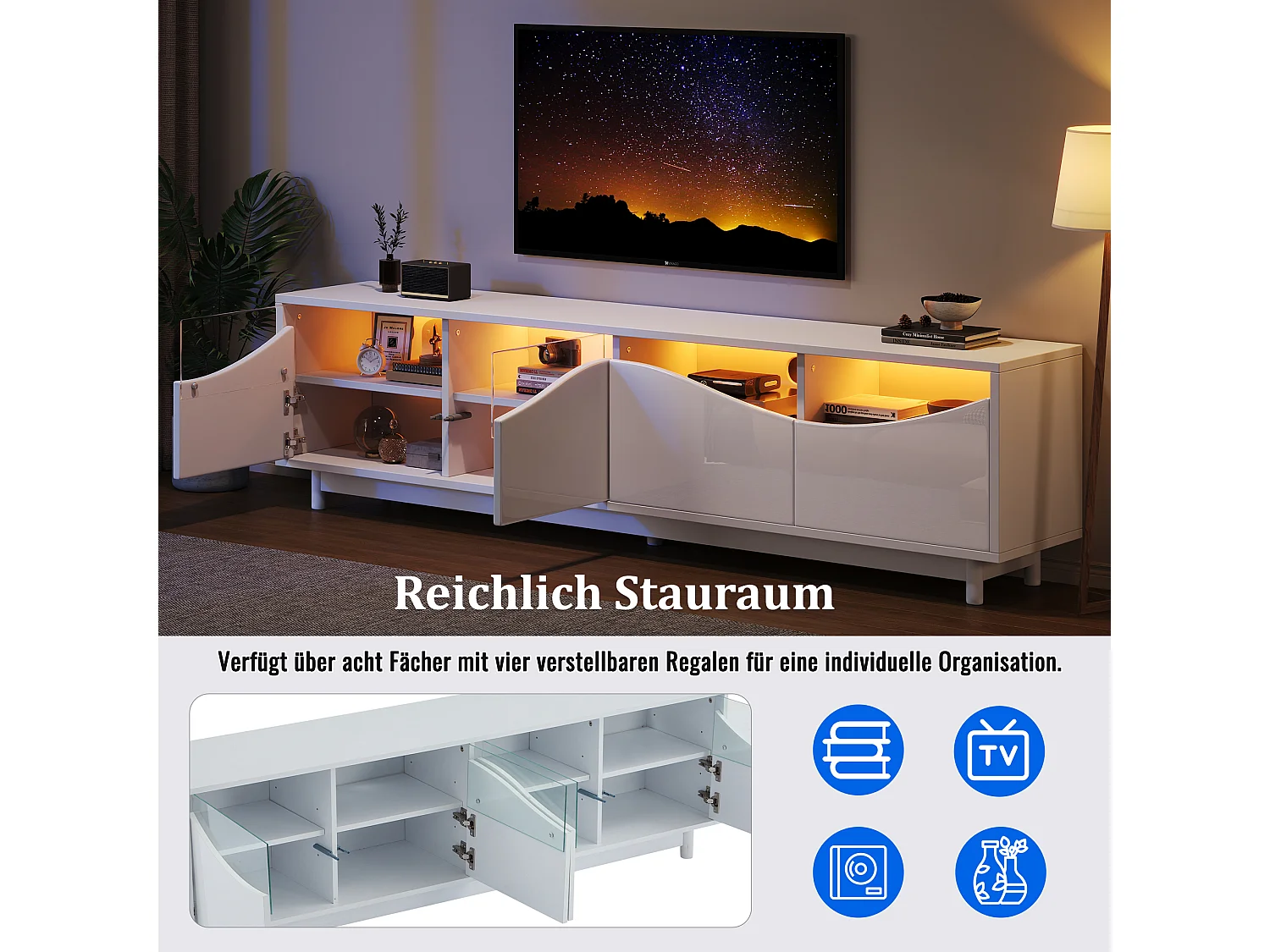 Meuble TV 175x38x51cm, courbé, blanc brillant, façade en verre, éclairage LED