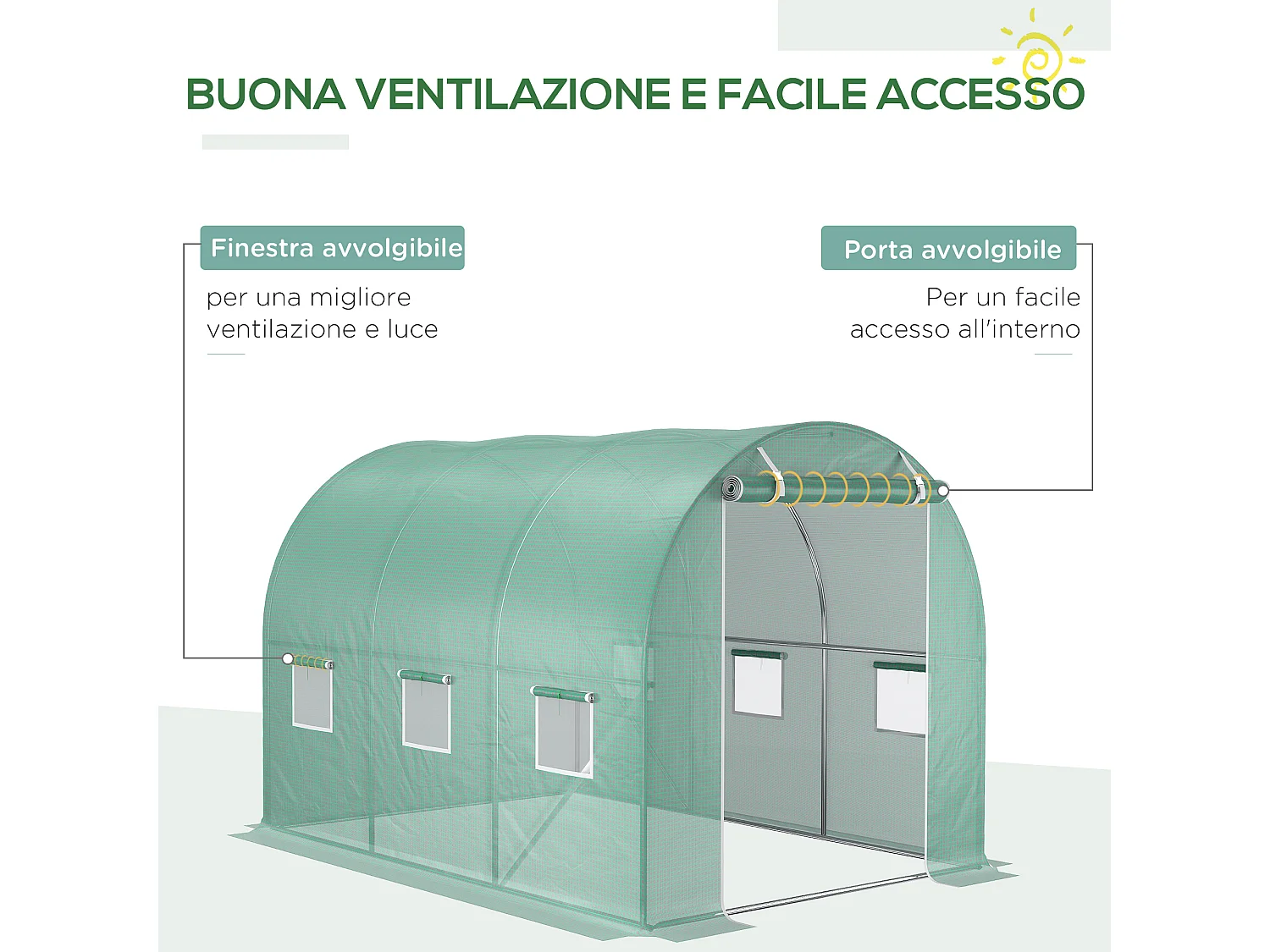 Telo per serra in pe da 6 finestre con bordi interrati verde