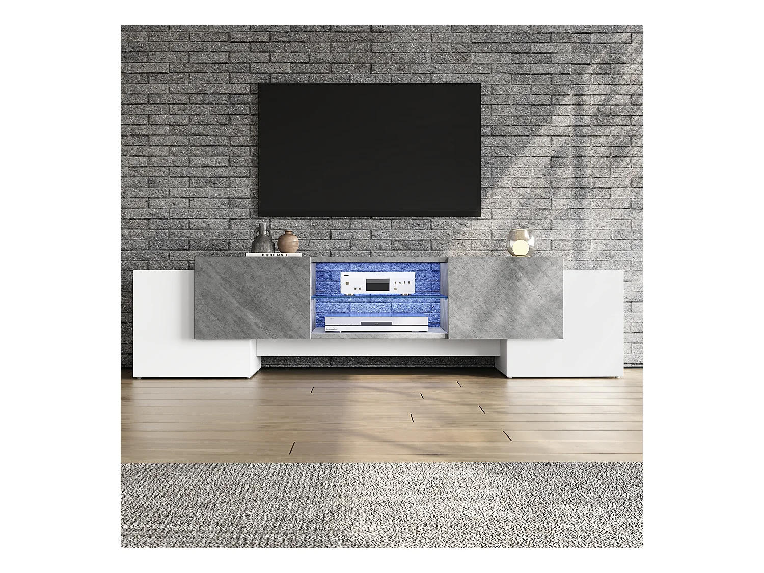 Mobiletto TV 180x40x46,5cm, bianco e grigio, con LED Bluetooth, per televisori fino a 70 pollici