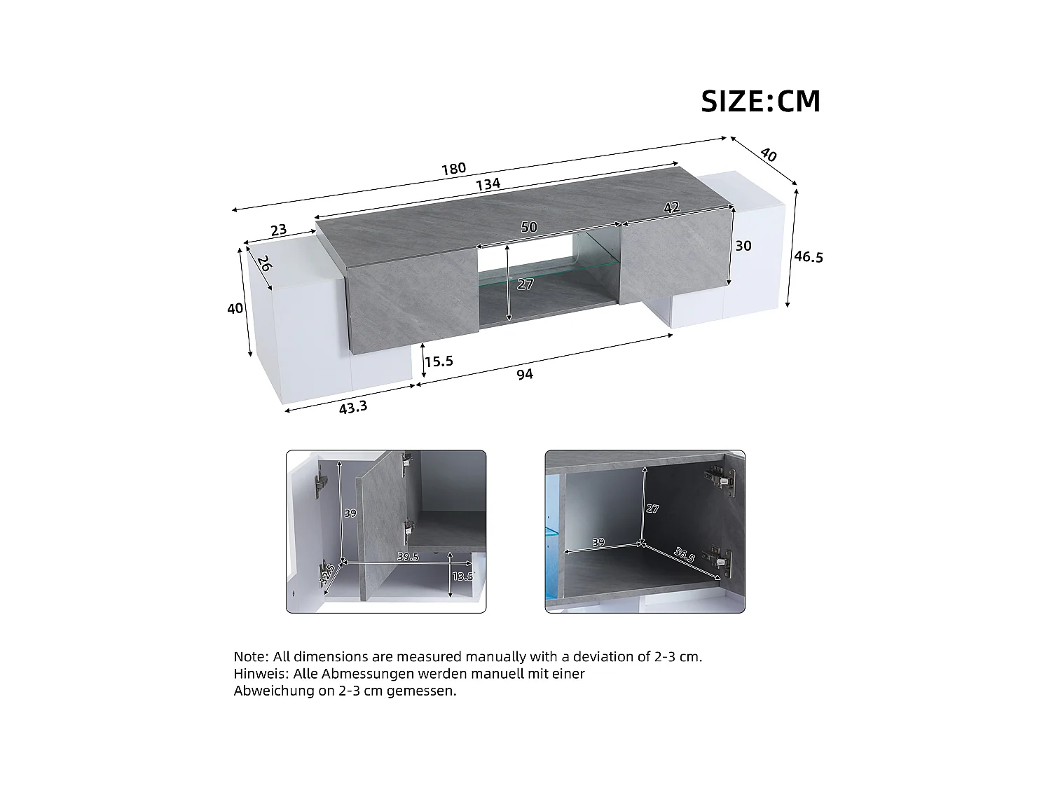 Mobiletto TV 180x40x46,5cm, bianco e grigio, con LED Bluetooth, per televisori fino a 70 pollici