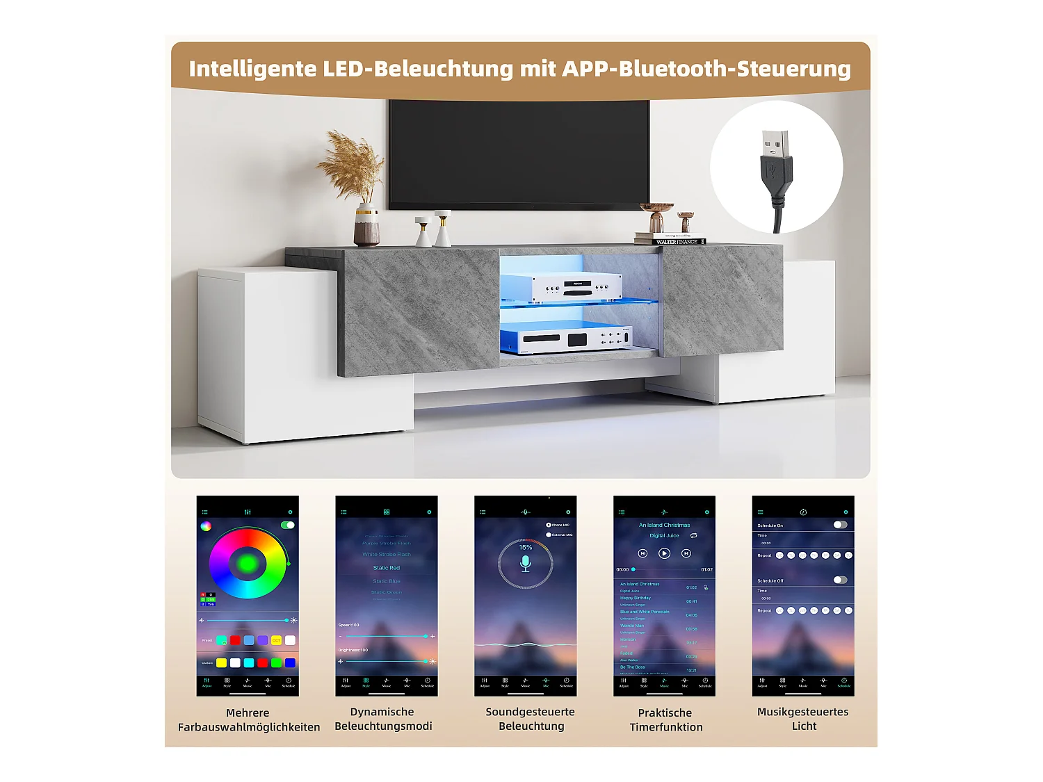 Mobiletto TV 180x40x46,5cm, bianco e grigio, con LED Bluetooth, per televisori fino a 70 pollici