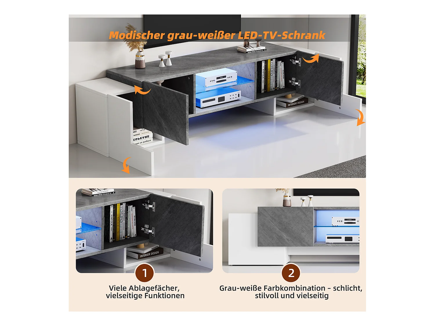 Mobiletto TV 180x40x46,5cm, bianco e grigio, con LED Bluetooth, per televisori fino a 70 pollici