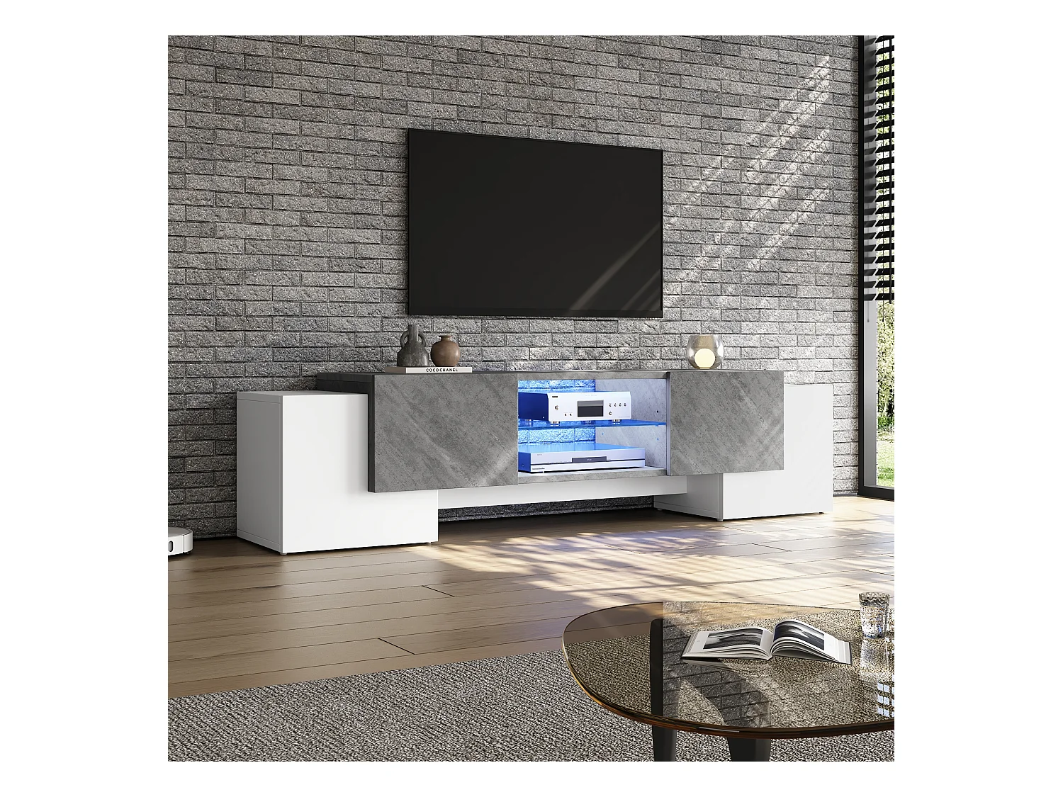 Meuble TV 180x40x46,5cm, blanc et gris, avec LED Bluetooth, jusqu'à 70 pouces