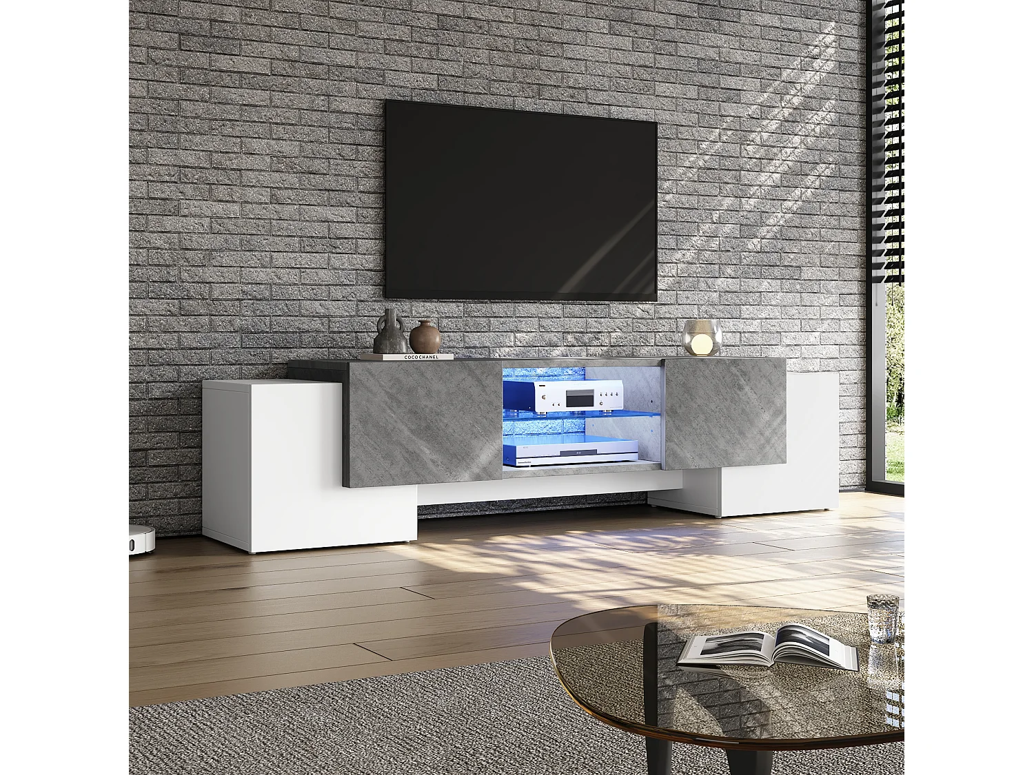 Meuble TV 180x40x46,5cm, blanc et gris, avec LED Bluetooth, jusqu'à 70 pouces