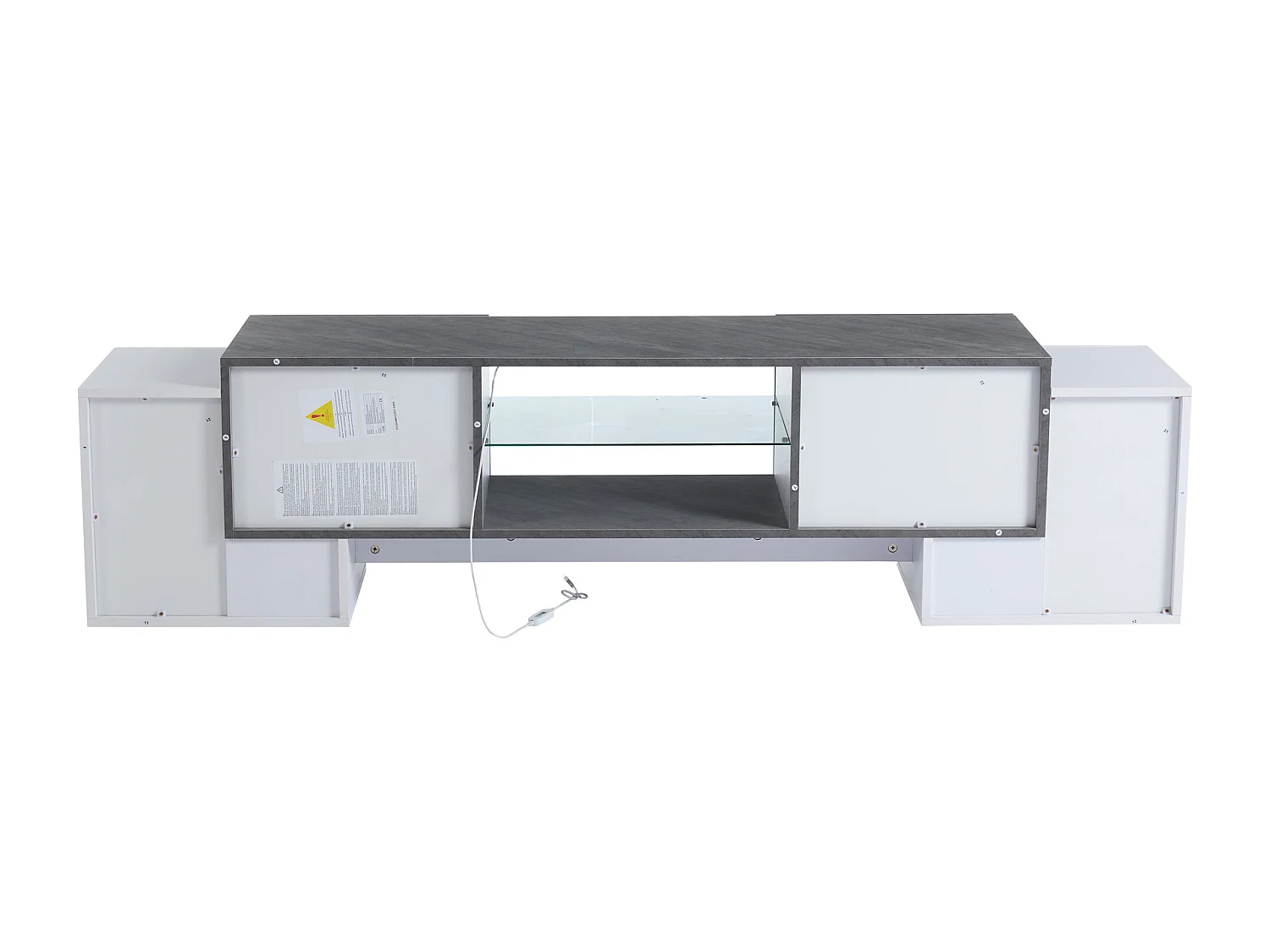 Meuble TV 180x40x46,5cm, blanc et gris, avec LED Bluetooth, jusqu'à 70 pouces