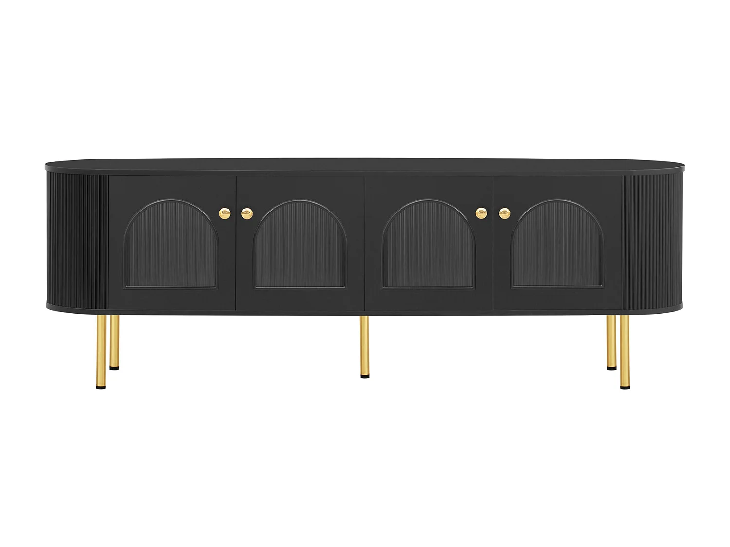 Meuble TV avec portes vitrées, poignées et pieds dorés, meuble de rangement salon