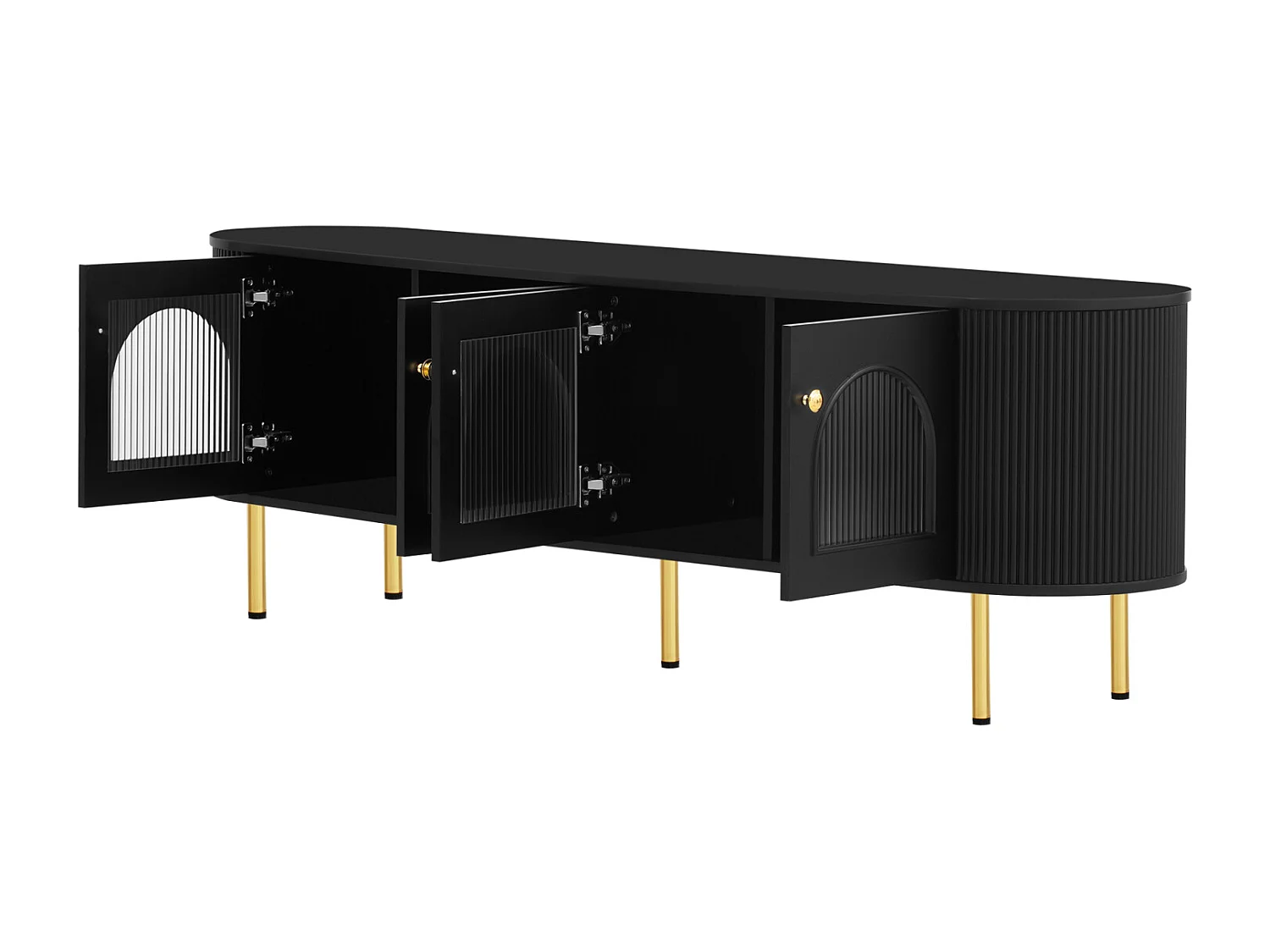 Meuble TV avec portes vitrées, poignées et pieds dorés, meuble de rangement salon