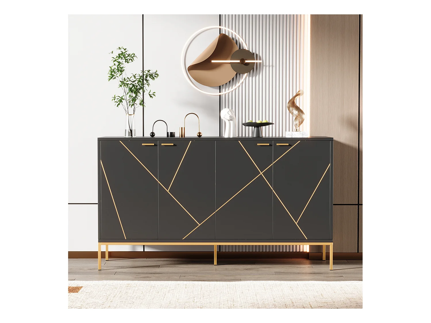 Buffet 150x40x80cm, 4 portes, pieds métal, meuble TV, noir et or