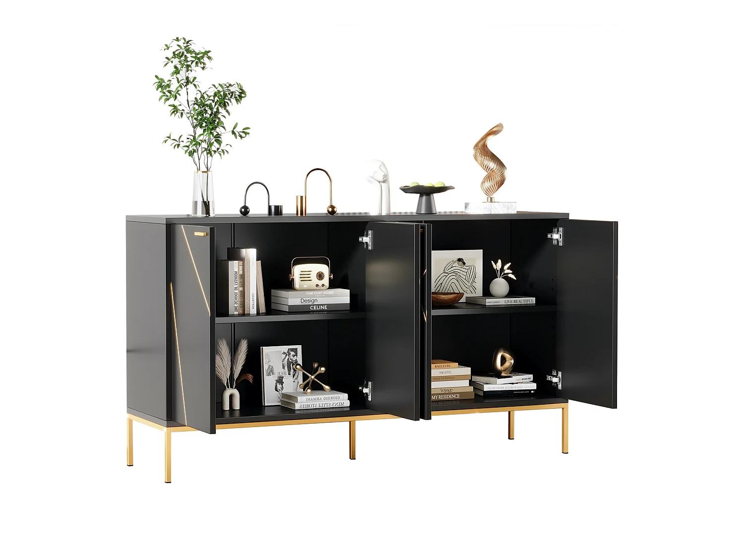 Buffet 150x40x80cm, 4 portes, pieds métal, meuble TV, noir et or