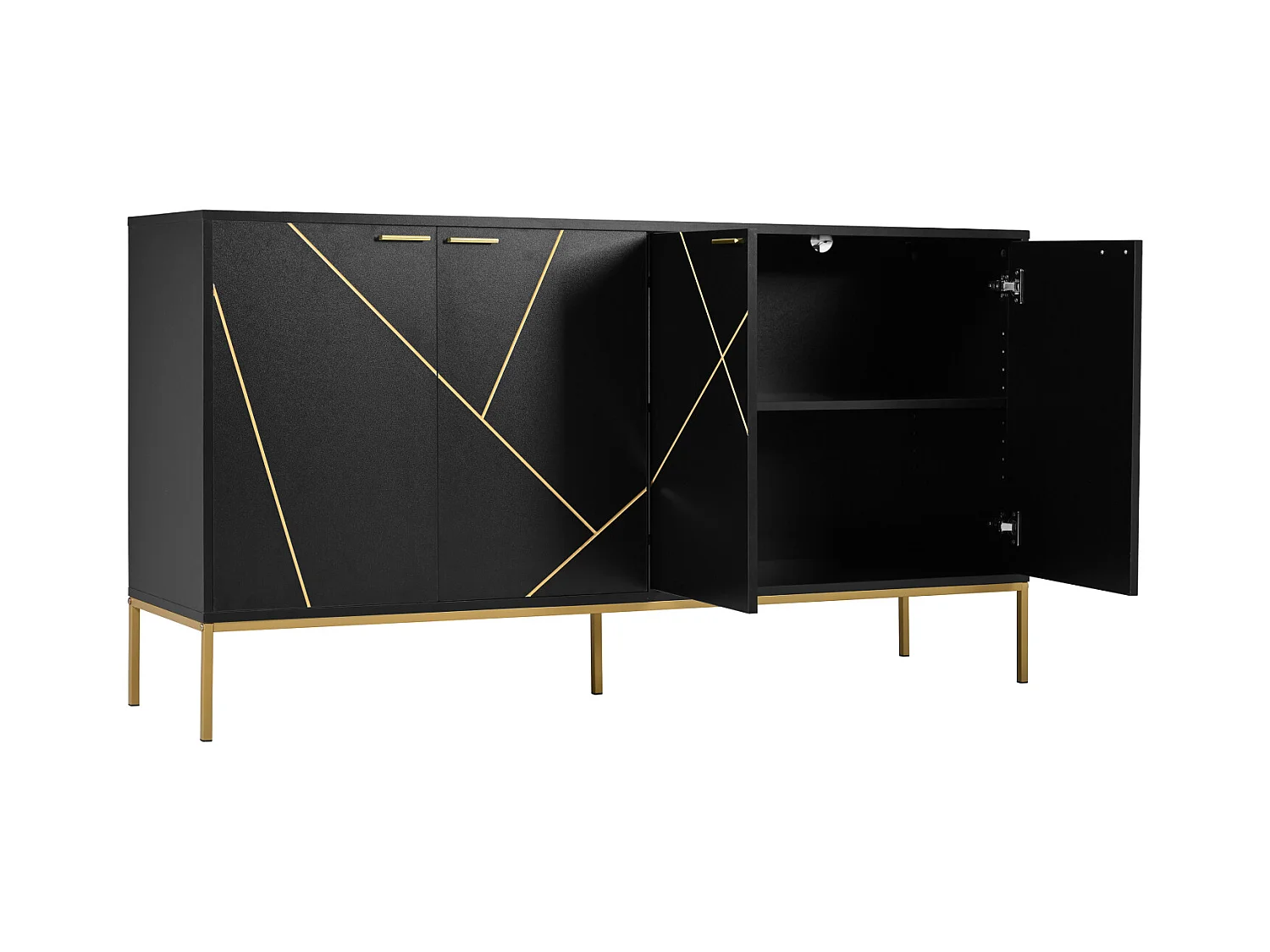 Buffet 150x40x80cm, 4 portes, pieds métal, meuble TV, noir et or