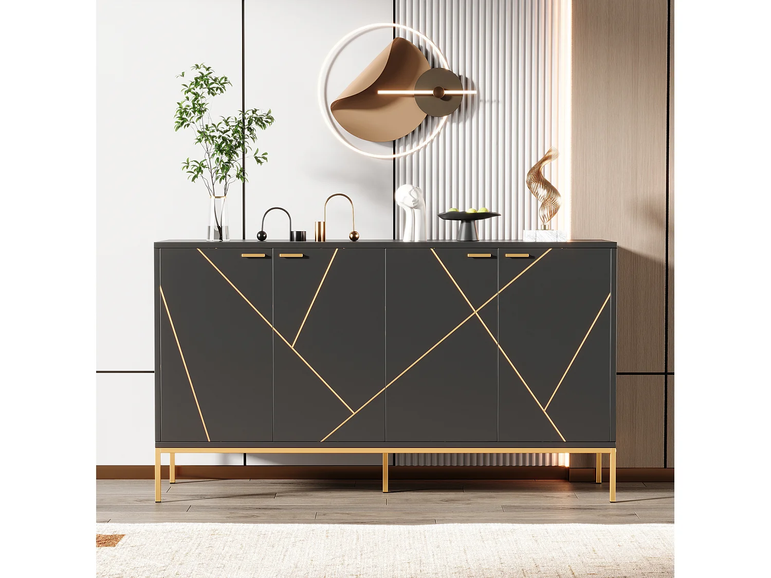 Buffet 150x40x80cm, 4 portes, pieds métal, meuble TV, noir et or