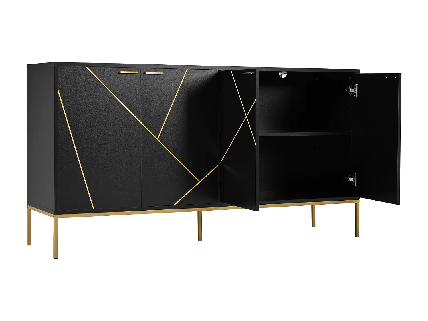 Buffet 150x40x80cm, 4 portes, pieds métal, meuble TV, noir et or