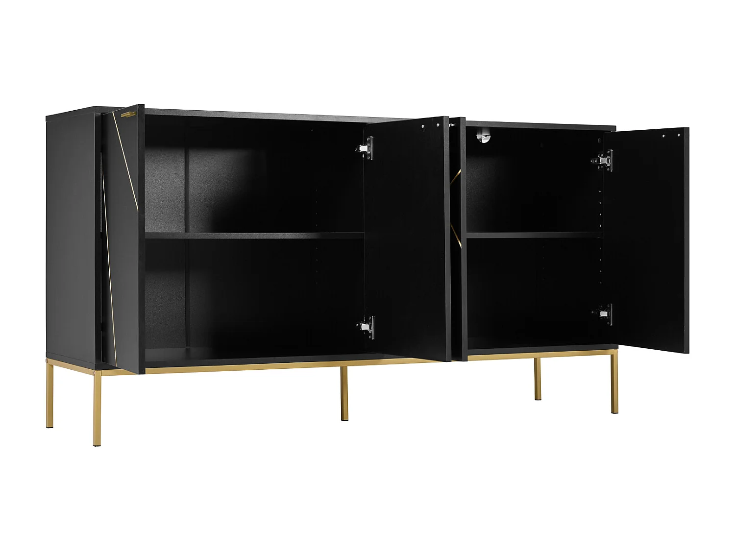 Buffet 150x40x80cm, 4 portes, pieds métal, meuble TV, noir et or