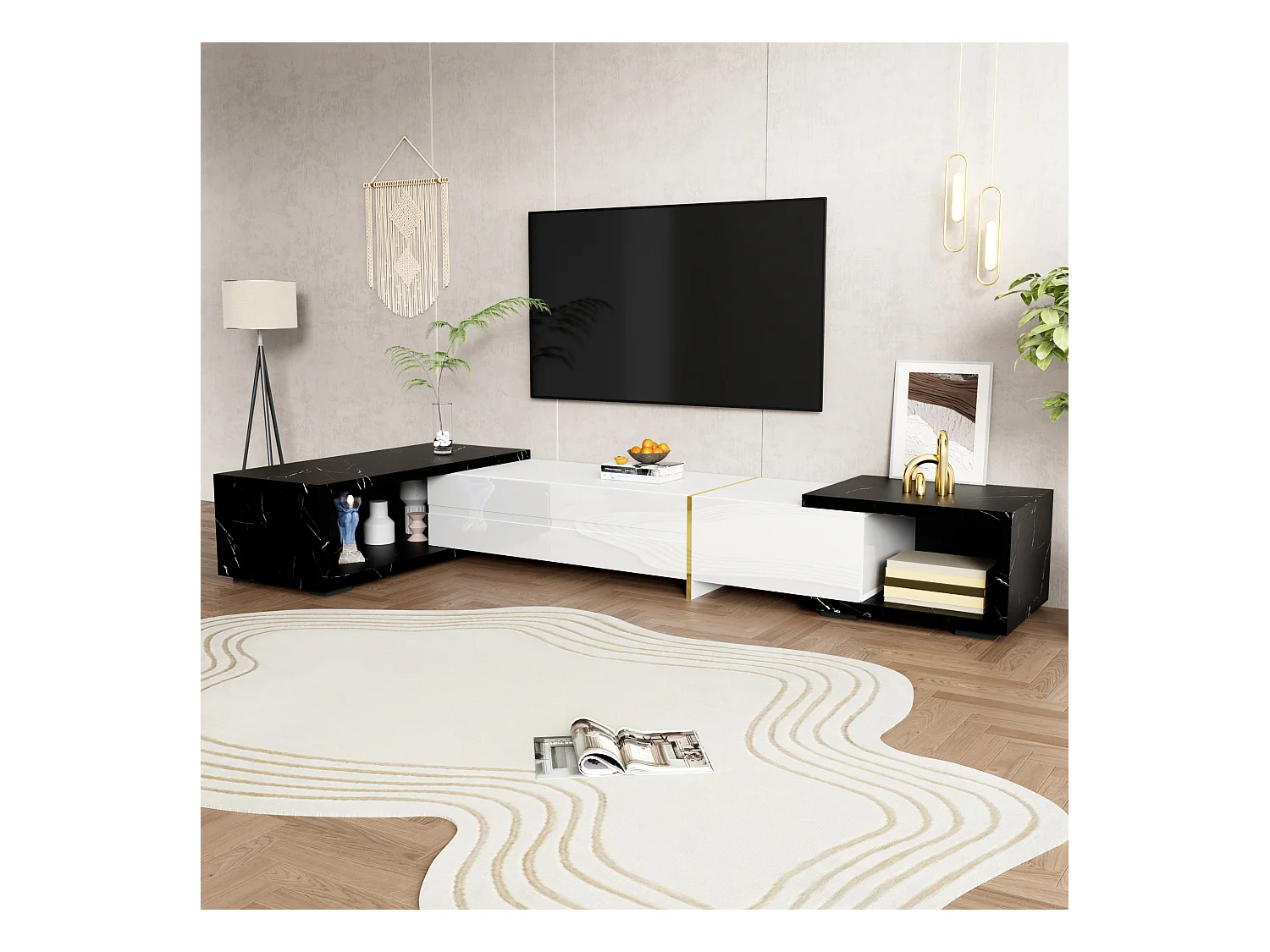 Meuble TV, longueur variable 140-260cm, rotatif, aspect marbre, décorations dorées
