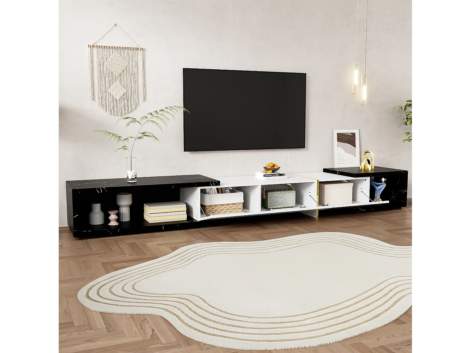 Meuble TV, longueur variable 140-260cm, rotatif, aspect marbre, décorations dorées